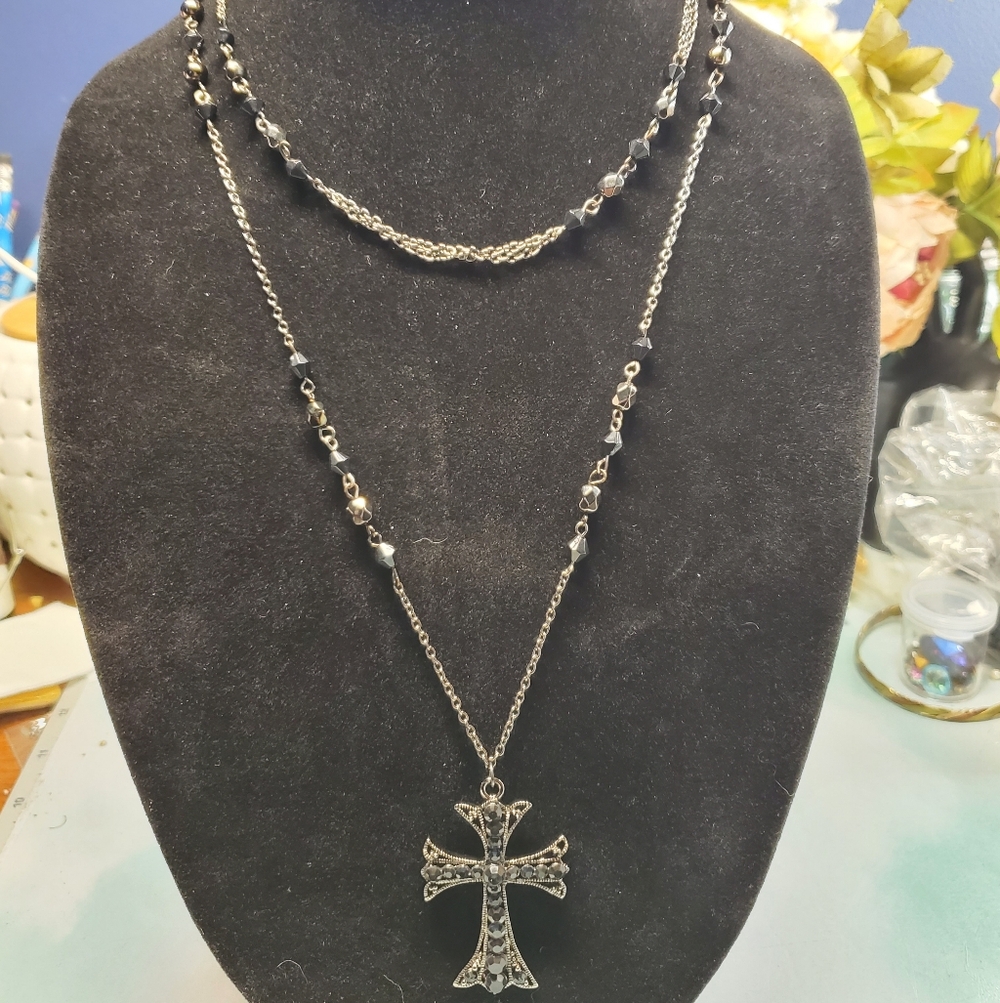 Black Cross  With Black Chain & Black Gems. It Has A 9" & 36" Chains. Preowned